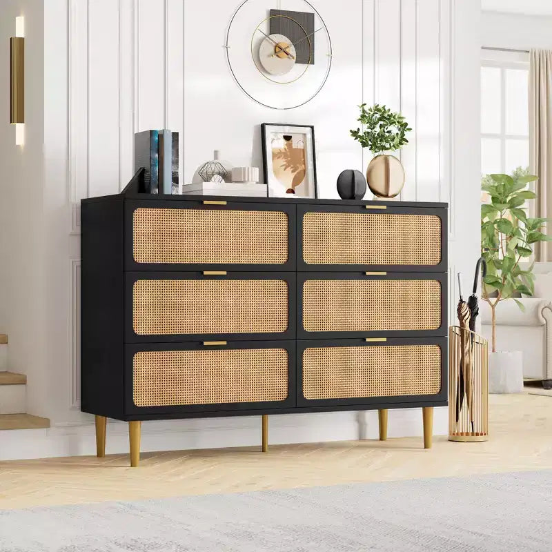 Commode en rotin avec 6 tiroirs, commode haute en bois avec plateau large pour chambre à coucher, salon, couloir, noir