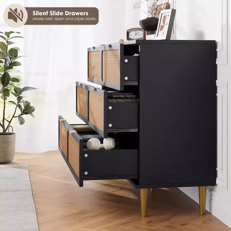 Commode en rotin avec 6 tiroirs, commode haute en bois avec plateau large pour chambre à coucher, salon, couloir, noir