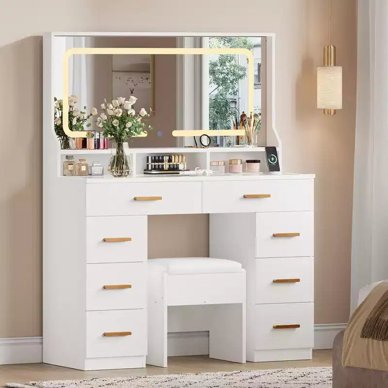 Coiffeuse avec miroir, Commode de maquillage pour chambre à coucher, 8 tiroirs, Ensemble de coiffeuse moderne pour chambre à coucher