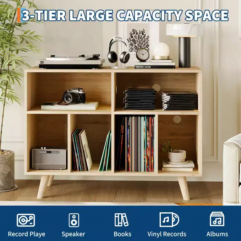 Meuble tourne-disque de 39,5 po avec station de recharge, peut contenir plus de 350 vinyles, meuble de platine vinyle moderne en bois avec étagères ouvertes, pour salon/bureau