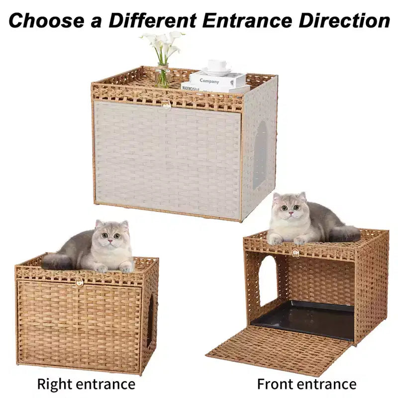 Grand meuble cache-litière en rotin, meuble de toilettage pour chat d'intérieur avec tapis et clôture, solution élégante pour litière de salon