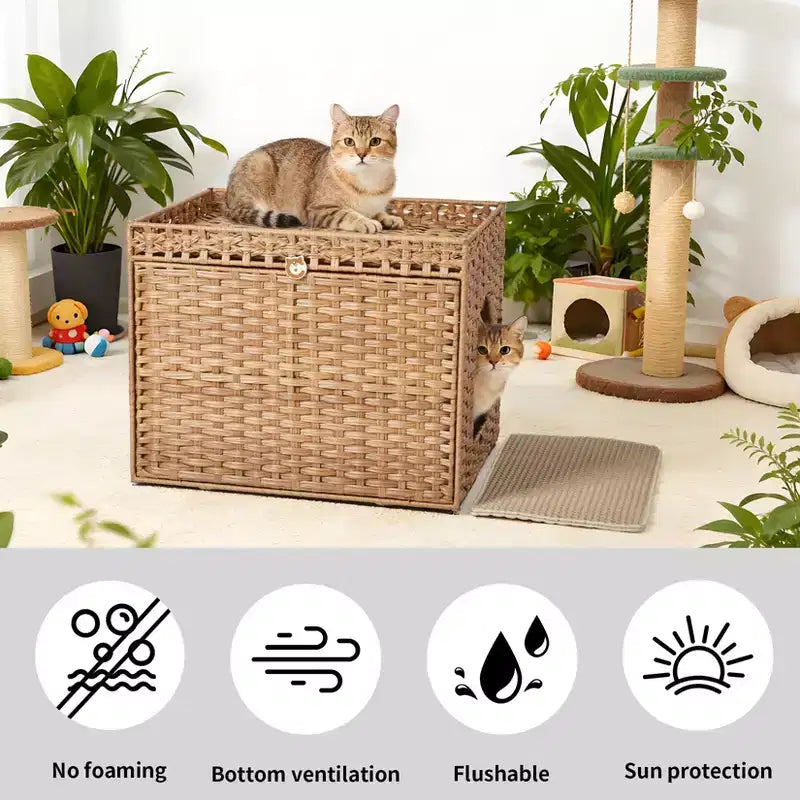 Grand meuble cache-litière en rotin, meuble de toilettage pour chat d'intérieur avec tapis et clôture, solution élégante pour litière de salon