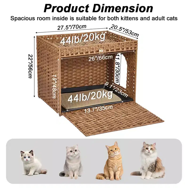 Grand meuble cache-litière en rotin, meuble de toilettage pour chat d'intérieur avec tapis et clôture, solution élégante pour litière de salon