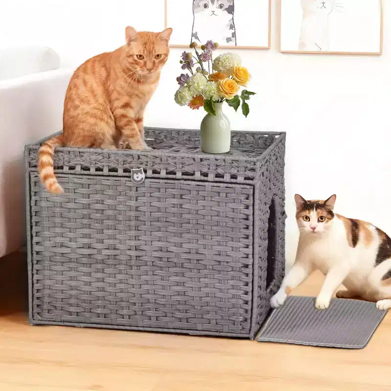 Grand meuble cache-litière en rotin, meuble de toilettage pour chat d'intérieur avec tapis et clôture, solution élégante pour litière de salon