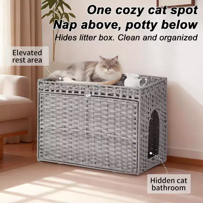 Grand meuble cache-litière en rotin, meuble de toilettage pour chat d'intérieur avec tapis et clôture, solution élégante pour litière de salon