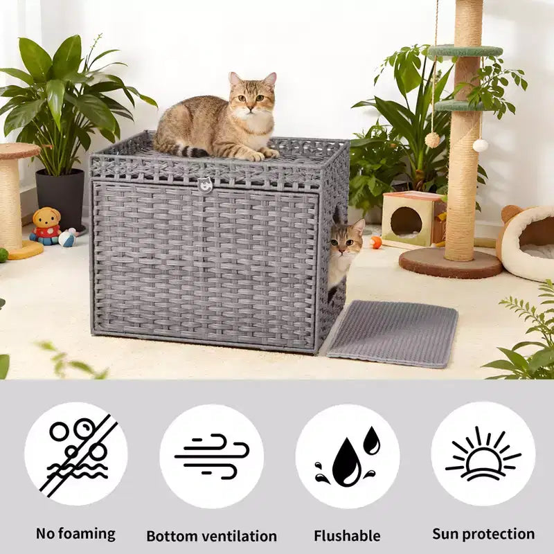 Grand meuble cache-litière en rotin, meuble de toilettage pour chat d'intérieur avec tapis et clôture, solution élégante pour litière de salon