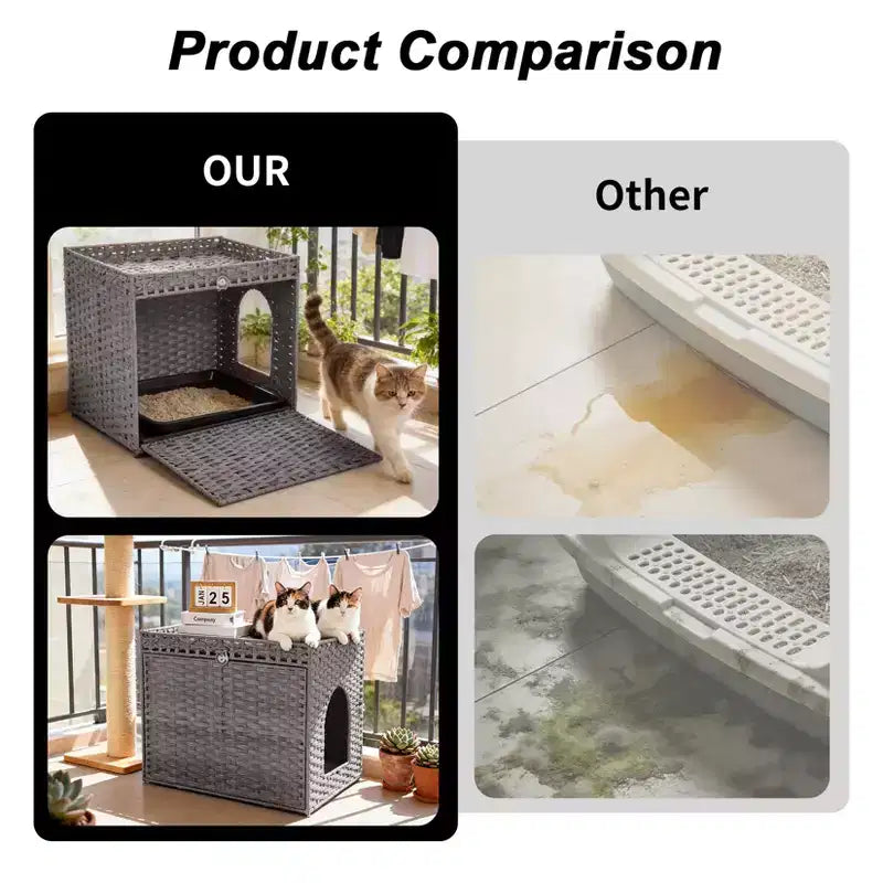 Grand meuble cache-litière en rotin, meuble de toilettage pour chat d'intérieur avec tapis et clôture, solution élégante pour litière de salon