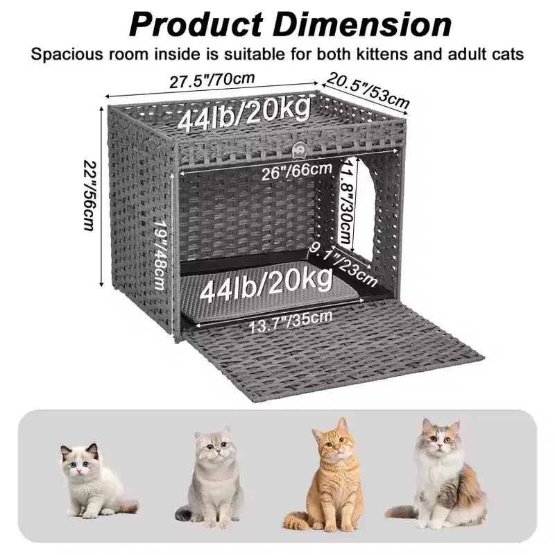 Grand meuble cache-litière en rotin, meuble de toilettage pour chat d'intérieur avec tapis et clôture, solution élégante pour litière de salon