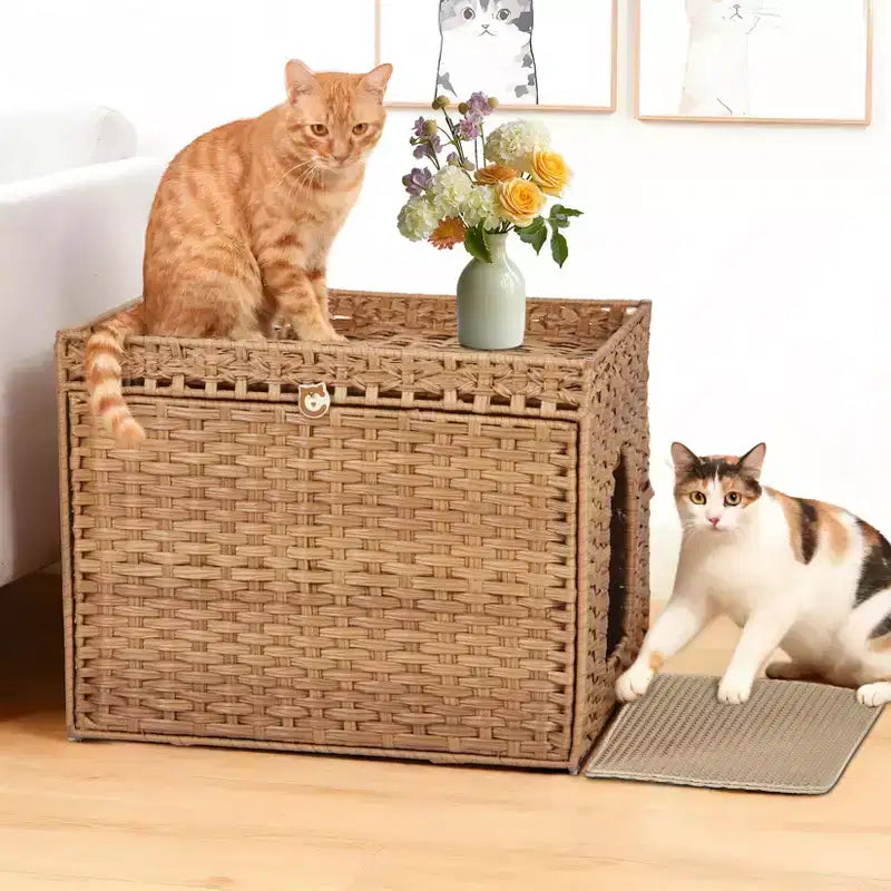 Grand meuble cache-litière en rotin, meuble de toilettage pour chat d'intérieur avec tapis et clôture, solution élégante pour litière de salon