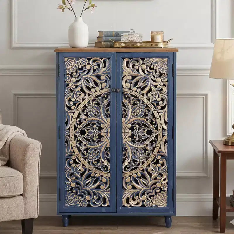 Meuble de Rangement Haut Bekrvio avec Portes en Pin Sculptées en 3D, Finition Or Vieilli, Étagères Réglables, Buffet de Cuisine de Style Bohème Ferme, Bleu