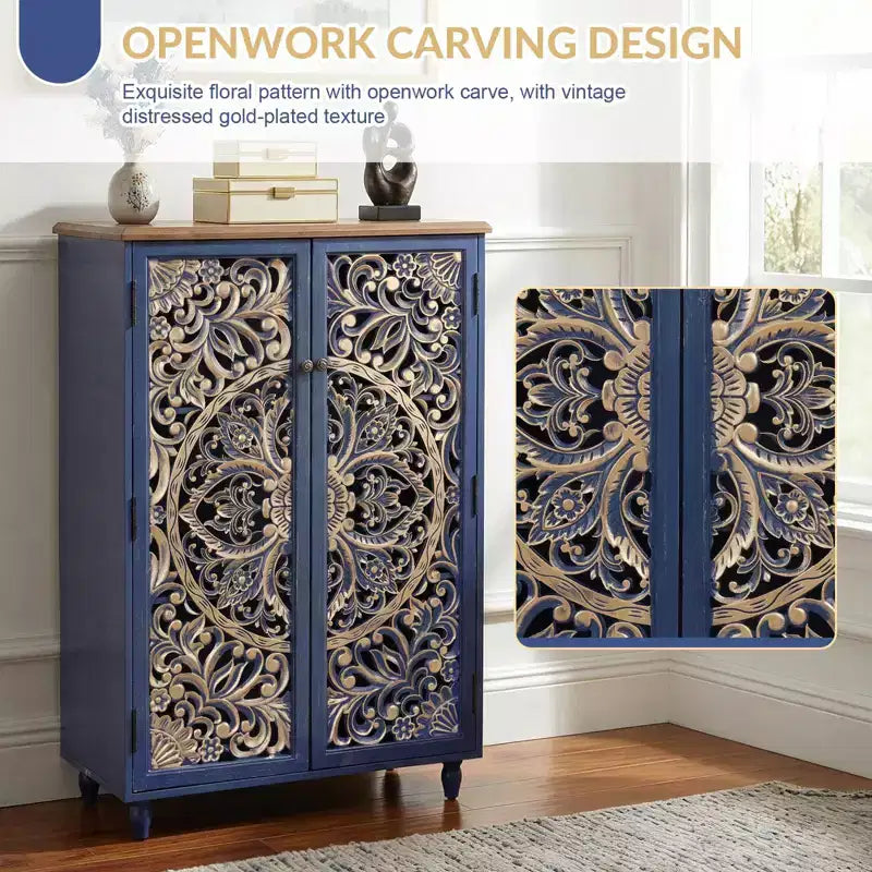 Meuble de Rangement Haut Bekrvio avec Portes en Pin Sculptées en 3D, Finition Or Vieilli, Étagères Réglables, Buffet de Cuisine de Style Bohème Ferme, Bleu