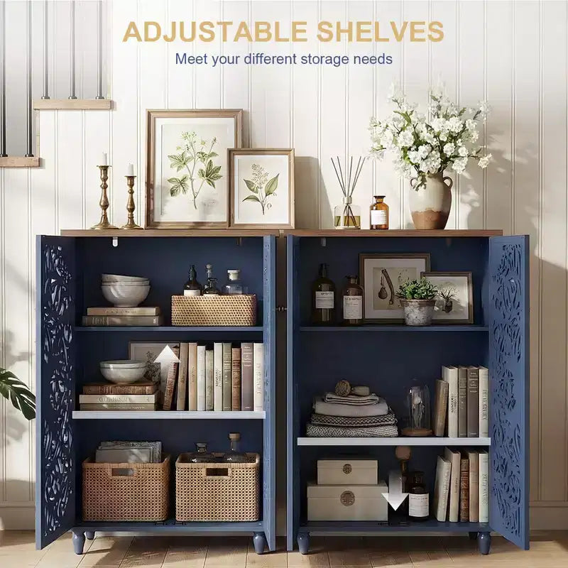 Meuble de Rangement Haut Bekrvio avec Portes en Pin Sculptées en 3D, Finition Or Vieilli, Étagères Réglables, Buffet de Cuisine de Style Bohème Ferme, Bleu