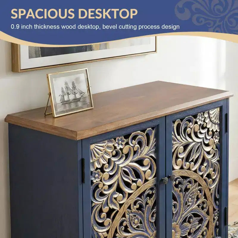 Meuble de Rangement Haut Bekrvio avec Portes en Pin Sculptées en 3D, Finition Or Vieilli, Étagères Réglables, Buffet de Cuisine de Style Bohème Ferme, Bleu