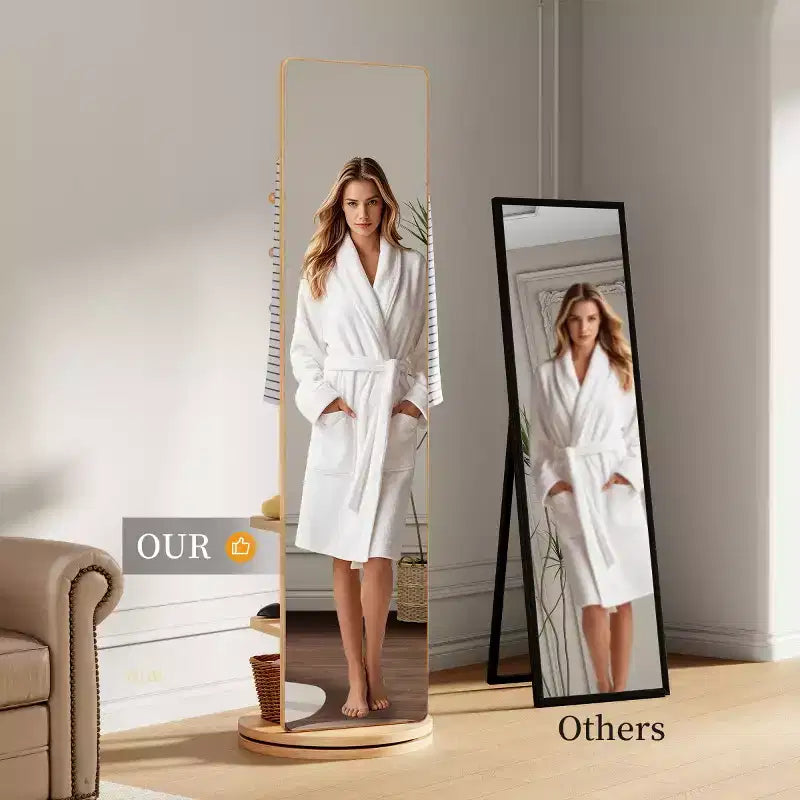 Specchio a figura intera da 69" con supporto, specchio autoportante in legno massello girevole a 360° con ganci e appendiabiti per camera da letto o soggiorno