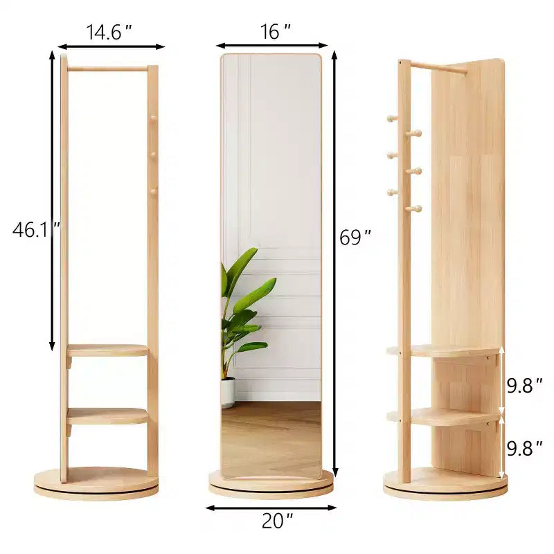 Specchio a figura intera da 69" con supporto, specchio autoportante in legno massello girevole a 360° con ganci e appendiabiti per camera da letto o soggiorno