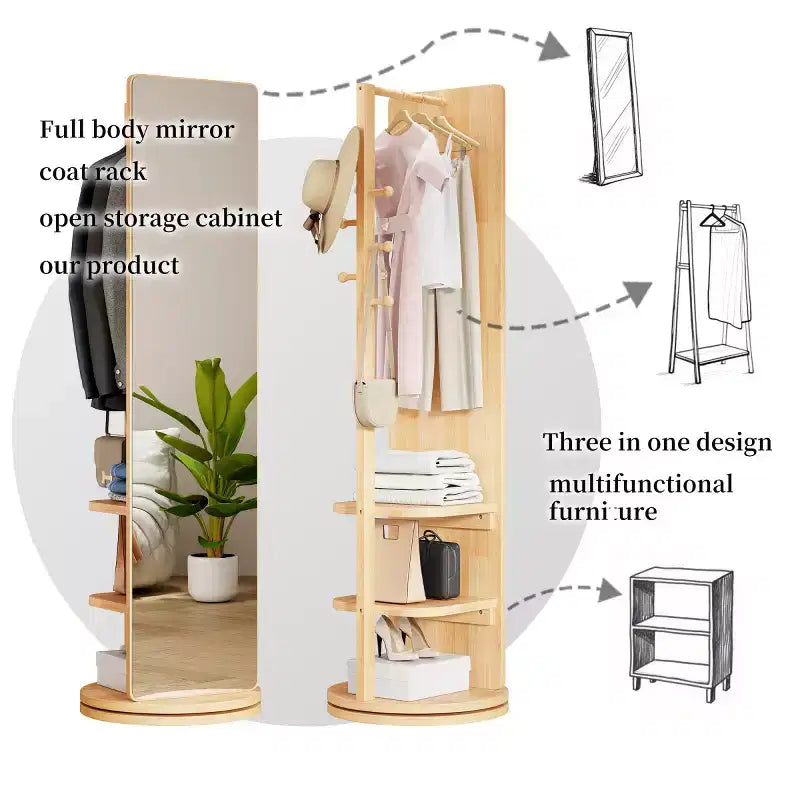 Specchio a figura intera da 69" con supporto, specchio autoportante in legno massello girevole a 360° con ganci e appendiabiti per camera da letto o soggiorno