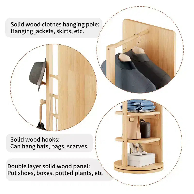 Specchio a figura intera da 69" con supporto, specchio autoportante in legno massello girevole a 360° con ganci e appendiabiti per camera da letto o soggiorno