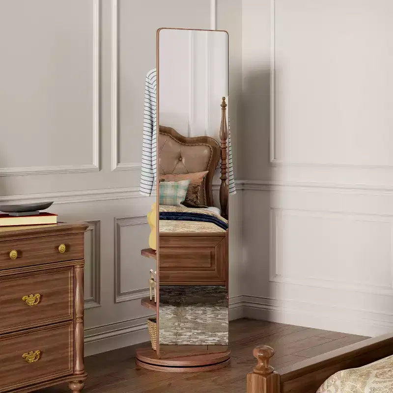 Specchio a figura intera da 69" con supporto, specchio autoportante in legno massello girevole a 360° con ganci e appendiabiti per camera da letto o soggiorno