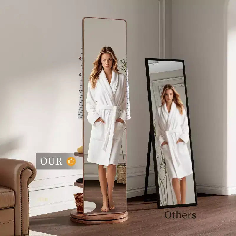 Specchio a figura intera da 69" con supporto, specchio autoportante in legno massello girevole a 360° con ganci e appendiabiti per camera da letto o soggiorno