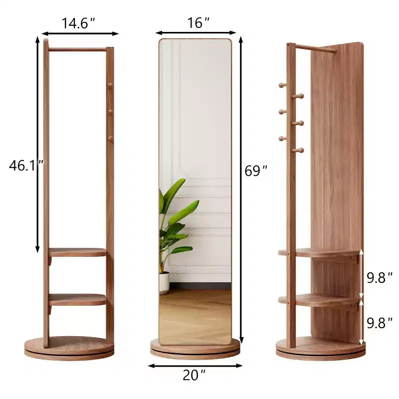 Specchio a figura intera da 69" con supporto, specchio autoportante in legno massello girevole a 360° con ganci e appendiabiti per camera da letto o soggiorno