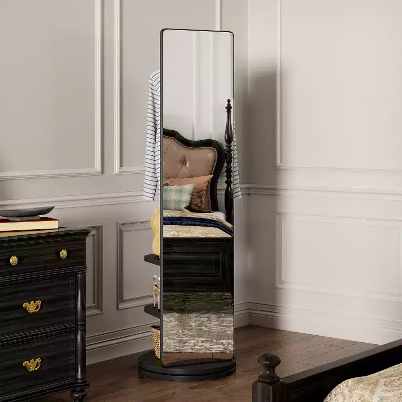 Specchio a figura intera da 69" con supporto, specchio autoportante in legno massello girevole a 360° con ganci e appendiabiti per camera da letto o soggiorno