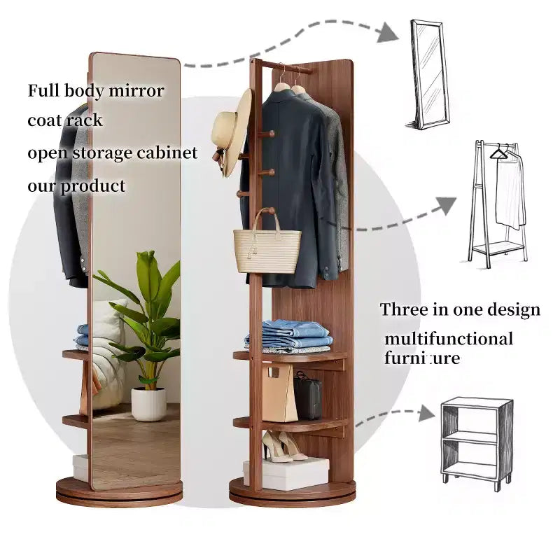 Specchio a figura intera da 69" con supporto, specchio autoportante in legno massello girevole a 360° con ganci e appendiabiti per camera da letto o soggiorno