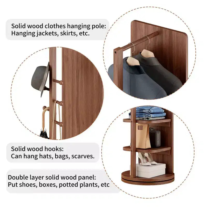 Specchio a figura intera da 69" con supporto, specchio autoportante in legno massello girevole a 360° con ganci e appendiabiti per camera da letto o soggiorno