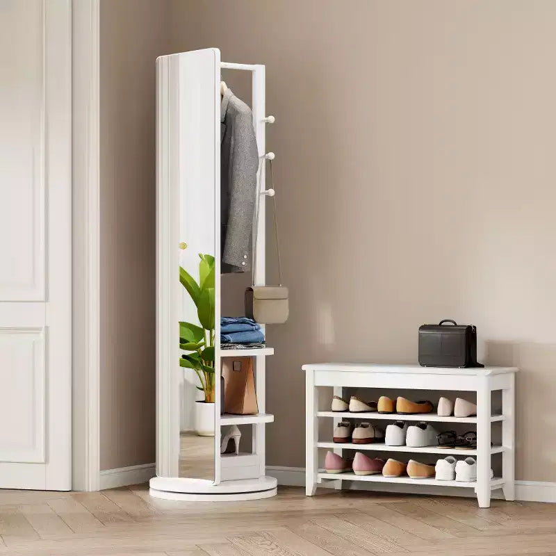 Specchio a figura intera da 69" con supporto, specchio autoportante in legno massello girevole a 360° con ganci e appendiabiti per camera da letto o soggiorno
