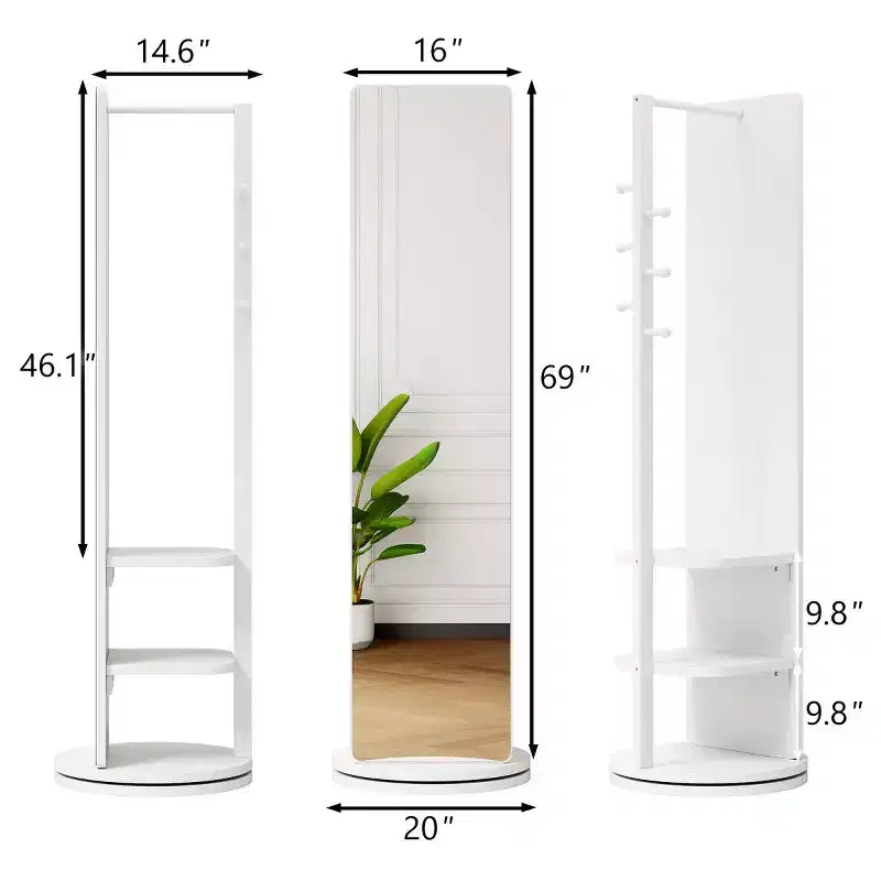 Specchio a figura intera da 69" con supporto, specchio autoportante in legno massello girevole a 360° con ganci e appendiabiti per camera da letto o soggiorno