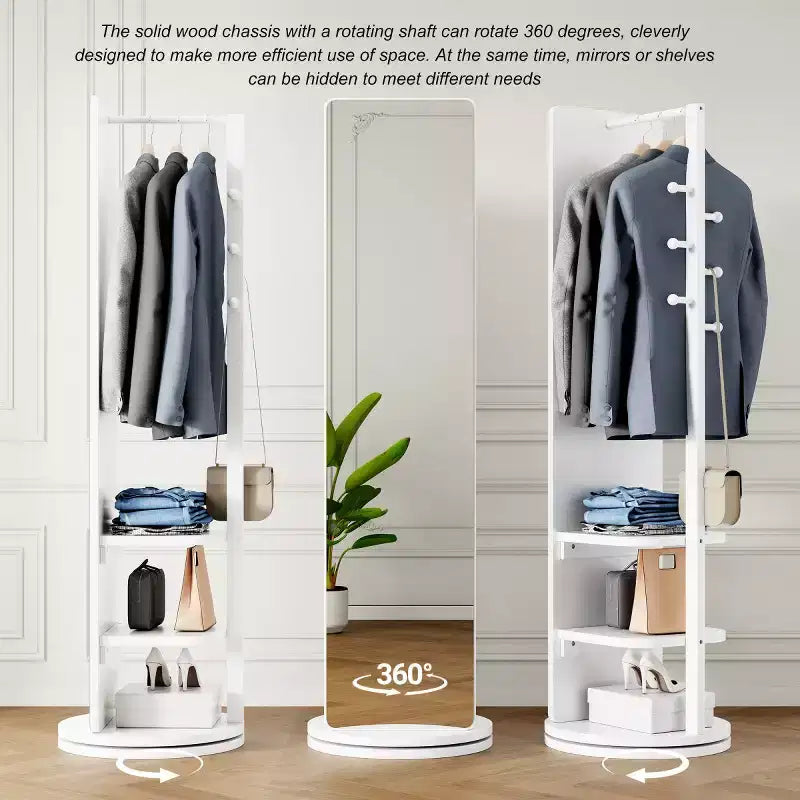 Specchio a figura intera da 69" con supporto, specchio autoportante in legno massello girevole a 360° con ganci e appendiabiti per camera da letto o soggiorno