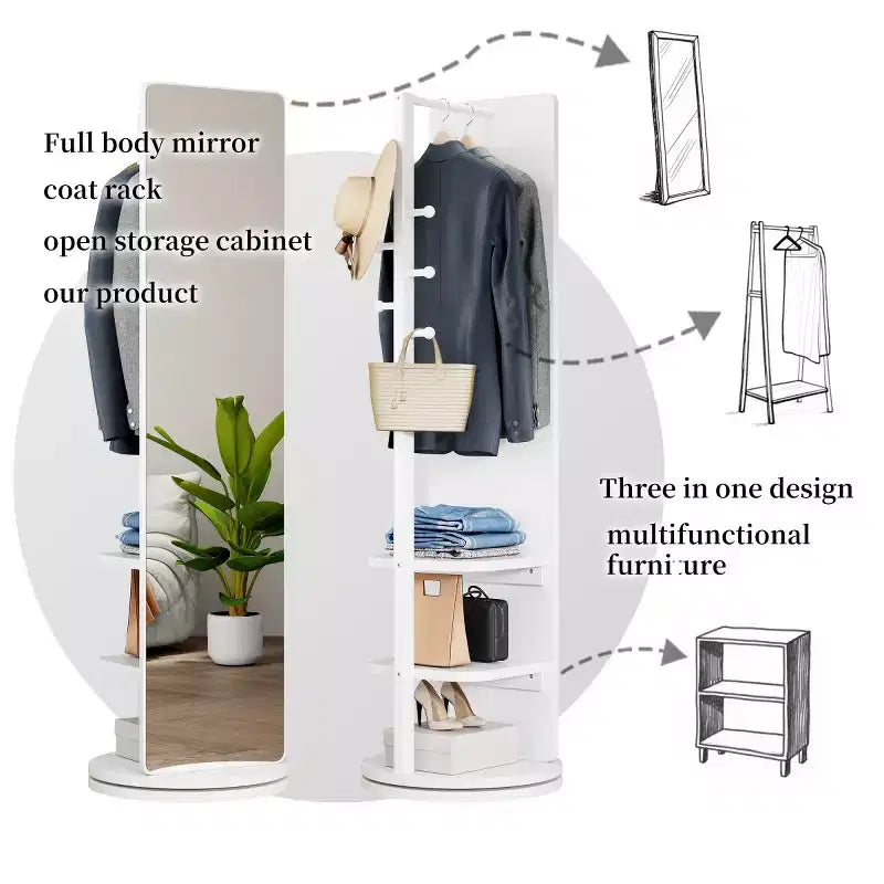 Specchio a figura intera da 69" con supporto, specchio autoportante in legno massello girevole a 360° con ganci e appendiabiti per camera da letto o soggiorno