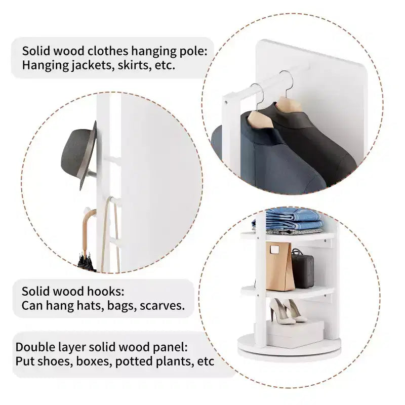 Specchio a figura intera da 69" con supporto, specchio autoportante in legno massello girevole a 360° con ganci e appendiabiti per camera da letto o soggiorno