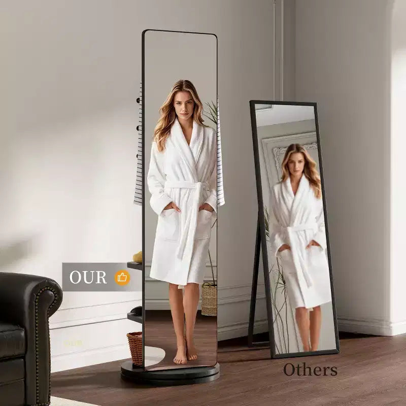 Specchio a figura intera da 69" con supporto, specchio autoportante in legno massello girevole a 360° con ganci e appendiabiti per camera da letto o soggiorno