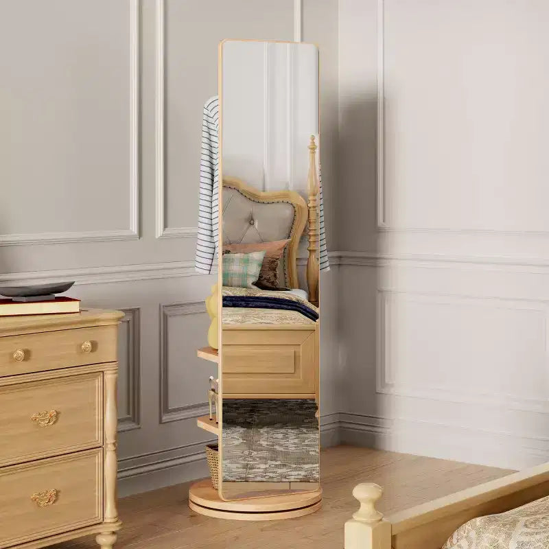 Specchio a figura intera da 69" con supporto, specchio autoportante in legno massello girevole a 360° con ganci e appendiabiti per camera da letto o soggiorno
