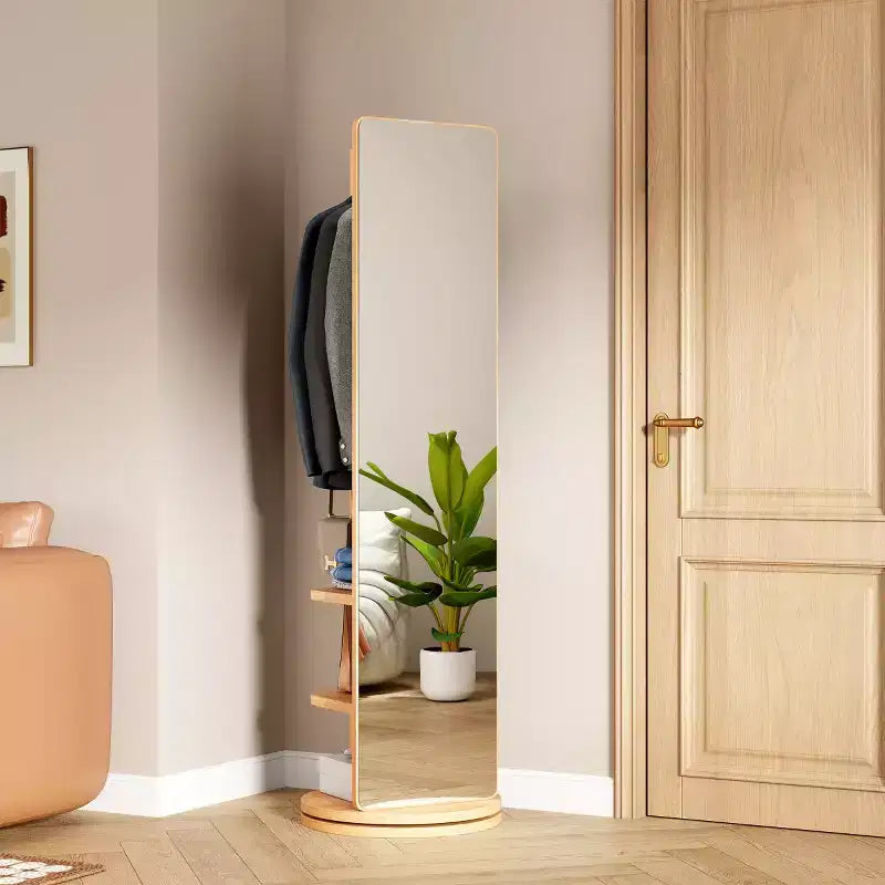 Specchio a figura intera da 69" con supporto, specchio autoportante in legno massello girevole a 360° con ganci e appendiabiti per camera da letto o soggiorno