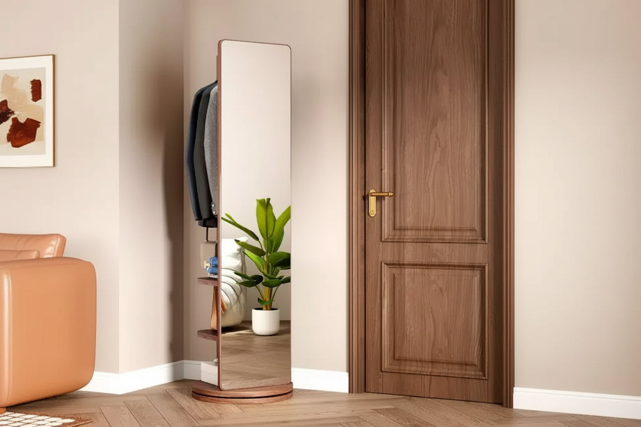 Specchio a figura intera da 69" con supporto, specchio autoportante in legno massello girevole a 360° con ganci e appendiabiti per camera da letto o soggiorno