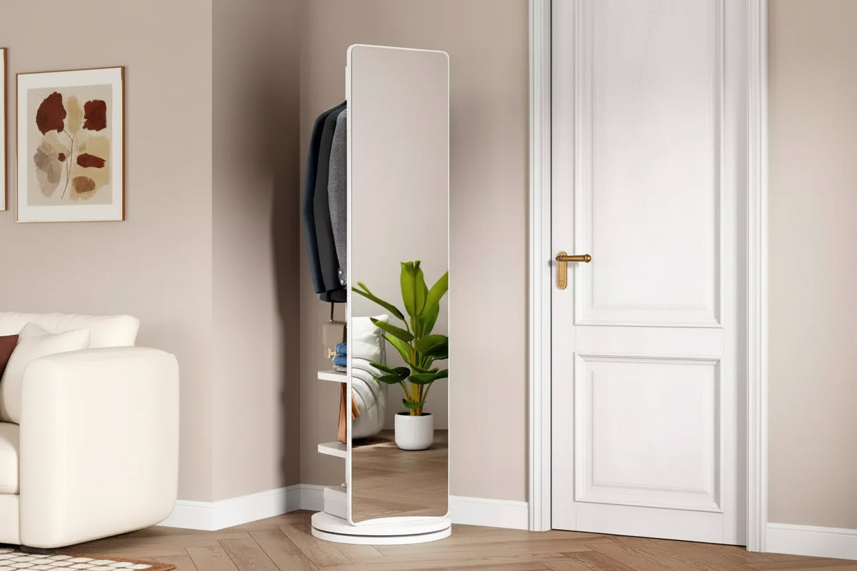 Specchio a figura intera da 69" con supporto, specchio autoportante in legno massello girevole a 360° con ganci e appendiabiti per camera da letto o soggiorno