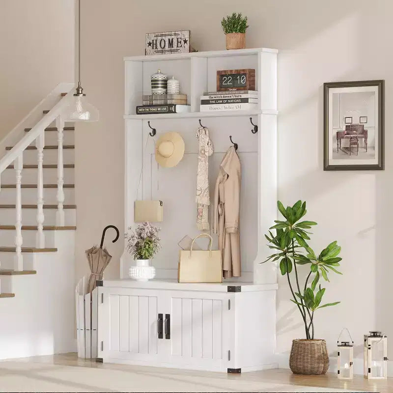 3-in-1 Hall Tree with Bench and Shoe Storage, Entryway Coat Rack with 5 Hooks and Adjustable Shelf, Wood Organizer for Mudroom, Entry and Foyer
