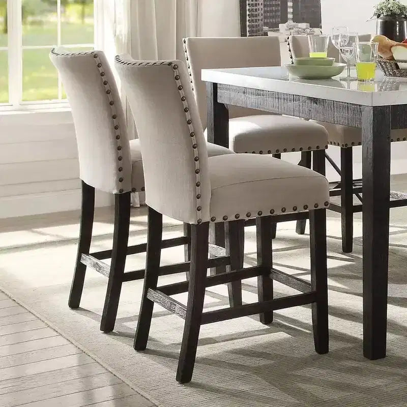 25" Set of 2 Nolan Counter and Bar Stools Beige Linen/Salvage Dark Oak Finish - Acme Furniture: Padded Seat, Nailhead Trim, Metal Frame