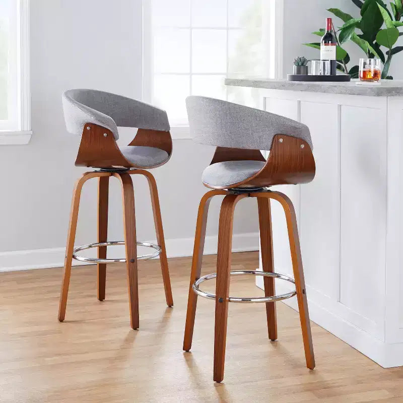 Set of 2 Vintage Modern Barstools Walnut/Chrome/Light Gray - LumiSource