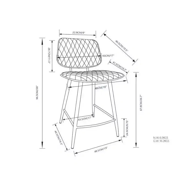 WyndenHall Set of 2 Skyla Counter Height Barstool Charcoal Gray: Quilted Diamond Detail, Plywood Frame, Foam Filled