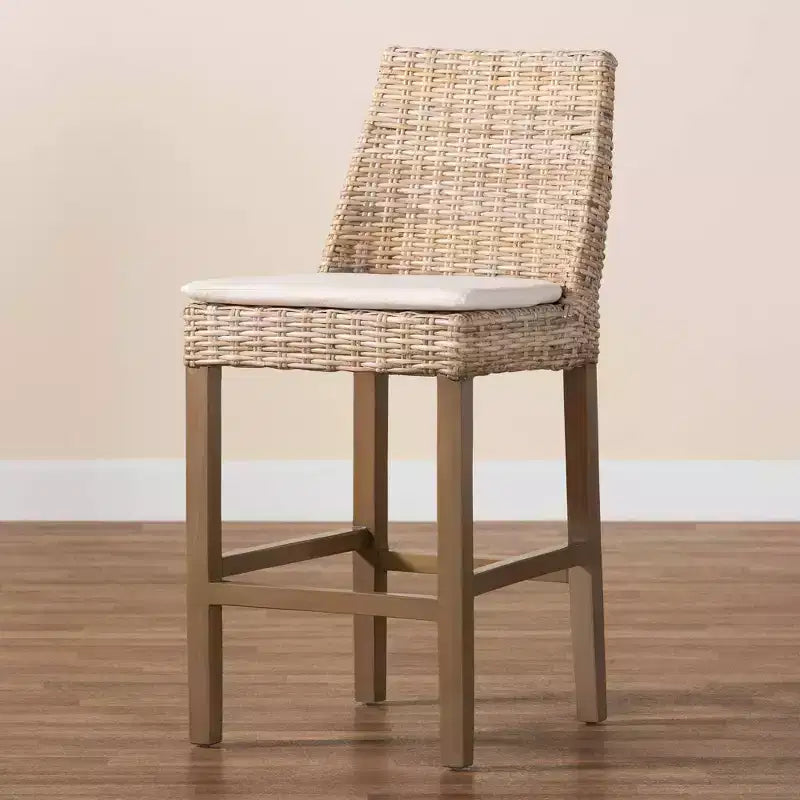 bali & pari Toby Rattan and Mahogany Wood Counter Height Barstool Kubu Gray/Rustic Taupe