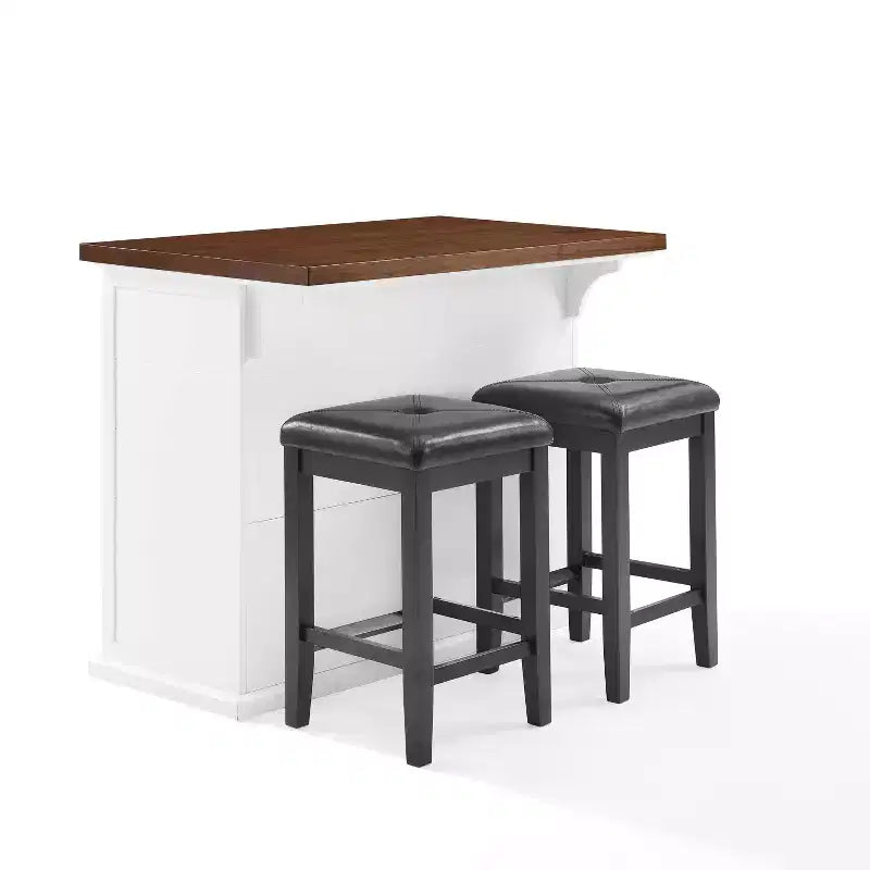 Îlot de cuisine Crosley 42" Bartlett avec plateau en bois et tabourets carrés rembourrés Blanc/Noir : design shiplap, étagères réglables