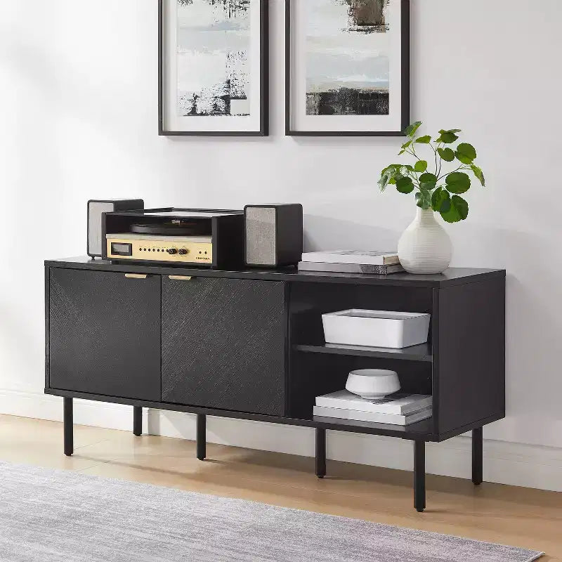 Crosley 54" Brody Record Storage Sideboard Black: Oak Wood Grain, Brass Handles, Cable Management