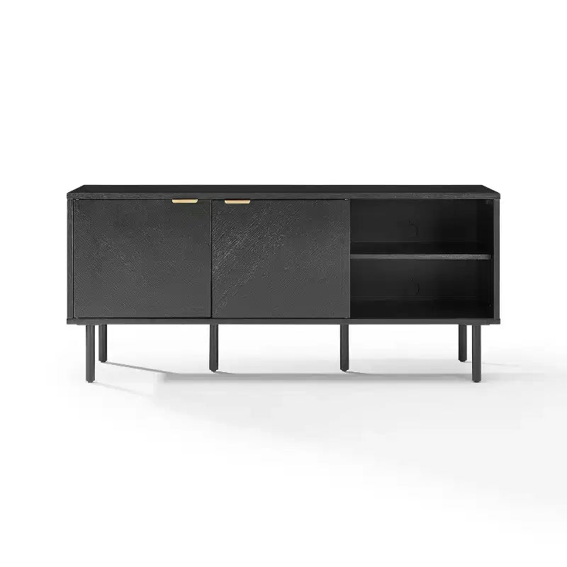 Crosley 54" Brody Record Storage Sideboard Black: Oak Wood Grain, Brass Handles, Cable Management