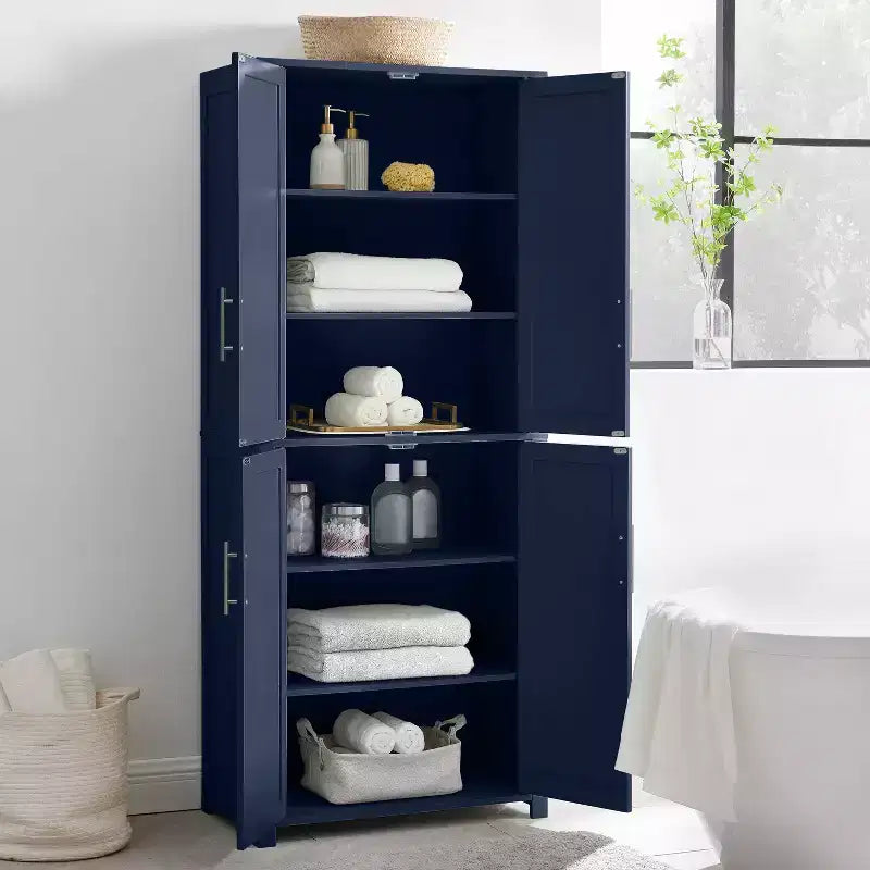Crosley 67" Savannah Tall Kitchen Storage Pantry Navy: Traditional Farmhouse Design, Wood Veneer, MDF Frame, 3 Adjustable Shelves