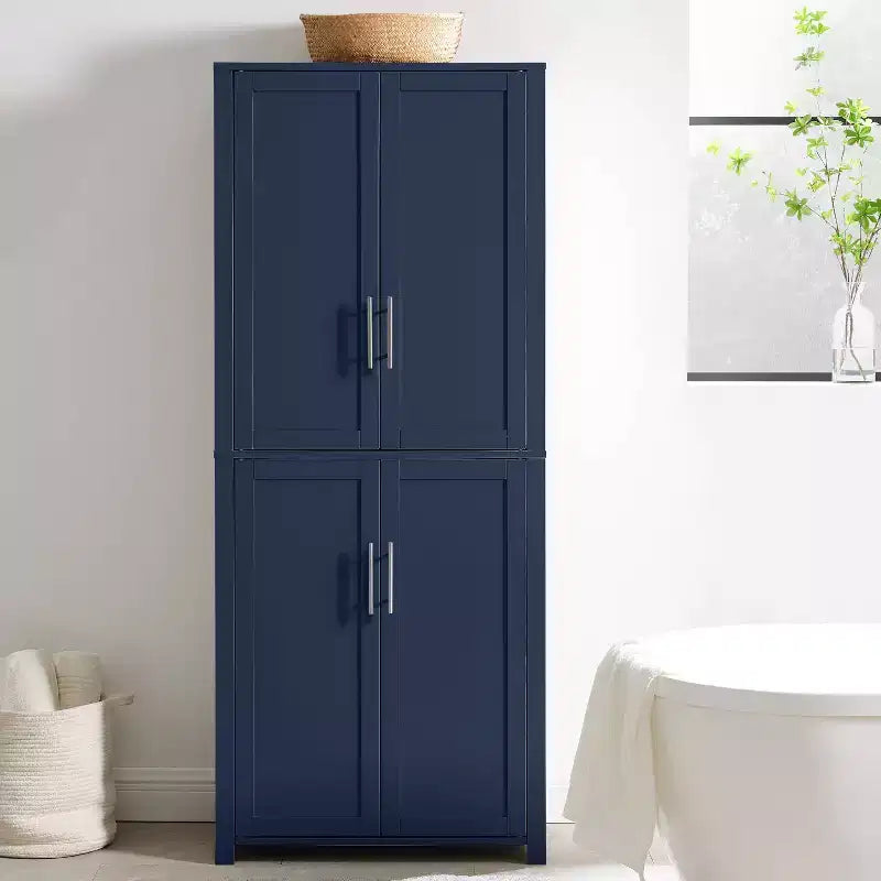 Crosley 67" Savannah Tall Kitchen Storage Pantry Navy: Traditional Farmhouse Design, Wood Veneer, MDF Frame, 3 Adjustable Shelves