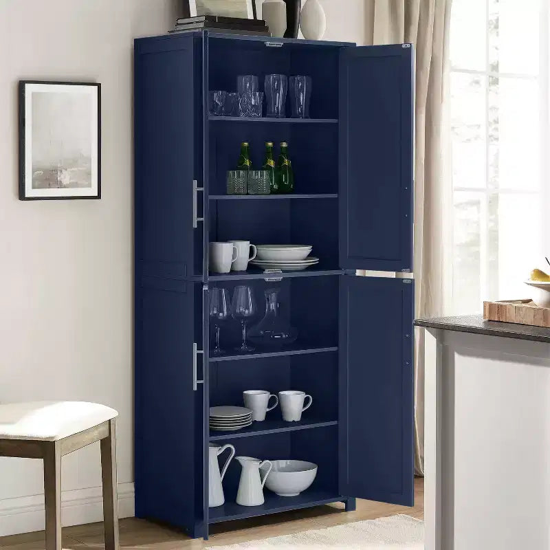 Crosley 67" Savannah Tall Kitchen Storage Pantry Navy: Traditional Farmhouse Design, Wood Veneer, MDF Frame, 3 Adjustable Shelves