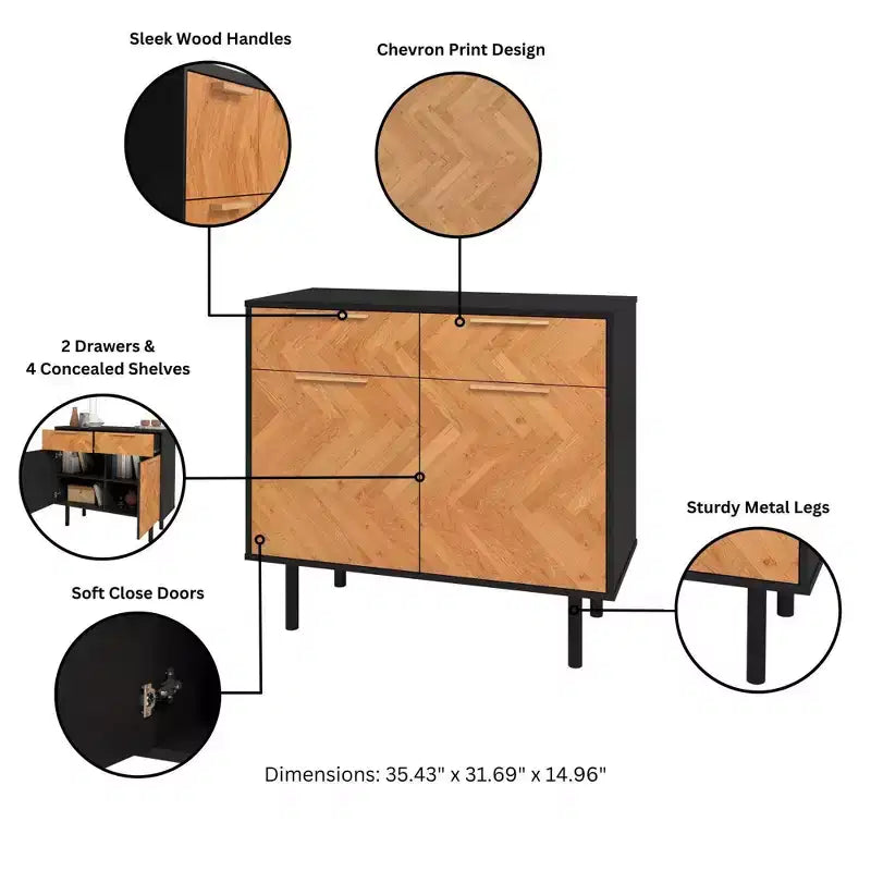 Manhattan Comfort Liam Mid - Century Modern 4 Shelf Sideboard Black/Natural