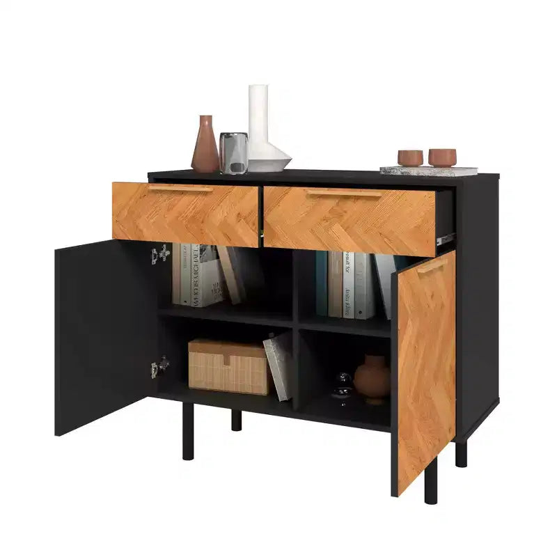 Manhattan Comfort Liam Mid - Century Modern 4 Shelf Sideboard Black/Natural
